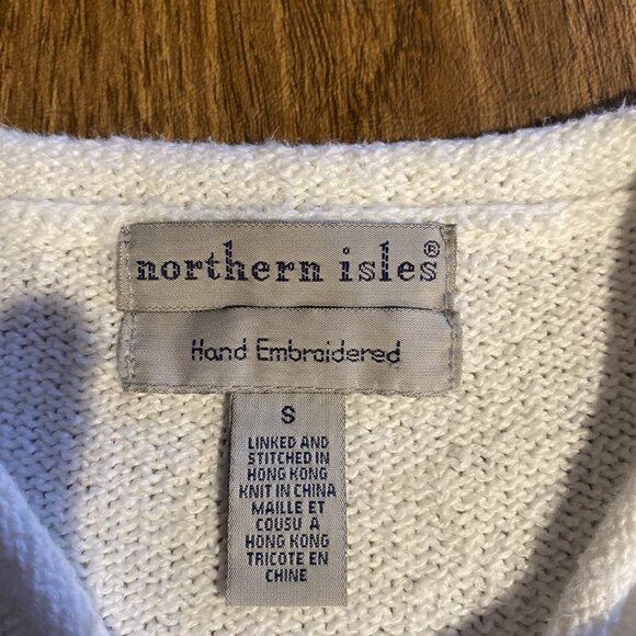 Northern Isles Hand Embroidered Sweater Pullover Short Sleeve White Stretch - Picture 4 of 9